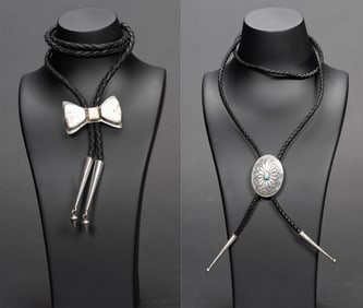 Native American Navajo Sterling Silver White Buffalo Turquoise & Ben Shiley Bolo Tie 2Pcs
