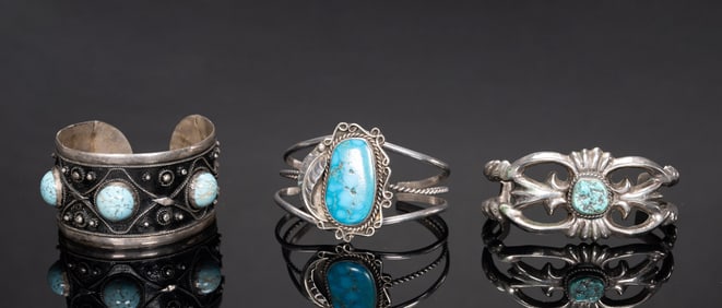 Native American Navajo Sterling Silver &  Turquoise Cuff Bracelet Collection 3Pcs