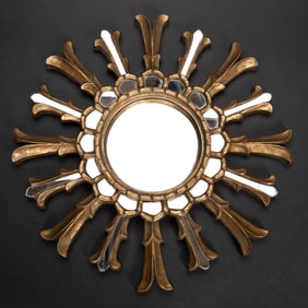 French Painted Gilt Wood Sunburst Wall Mirror