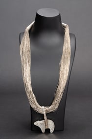 Native American Navajo 100 Strand Liquid Sterling Silver Bear Pendant Necklace