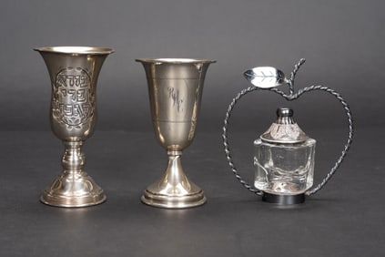 Judaic Sterling Silver Two Kiddush Cup And Rosh Hashanah Honey Dish