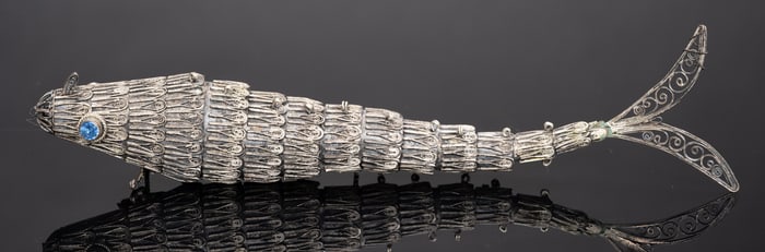 Judaic Filigree Sterling Silver Fish Figural Spice Besamin Box