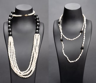 14K Gold Pearl And Black Jade Onyx Necklace Lot