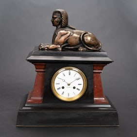 French 19th C. Egyptian Revival Marble & Bronze Mantel Clock