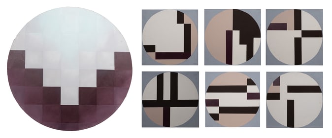 Op Art Geometric Composition Oil on Canvas Polyptych 7pc