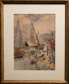 Early 20th C. Harbor Watercolor Illegibly Signed