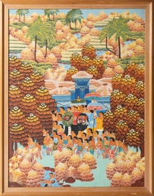 Bali Folk Art on Canvas "Barong Procession" Signed