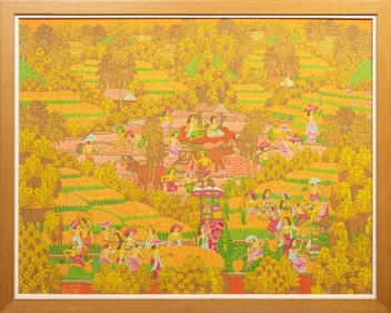 Wayan Pugur (Bali, B. 1946) Bali Folk Art Oil on Canvas