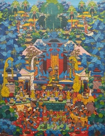 Indonesian Bali Folk Art Oil on Canvas Signed