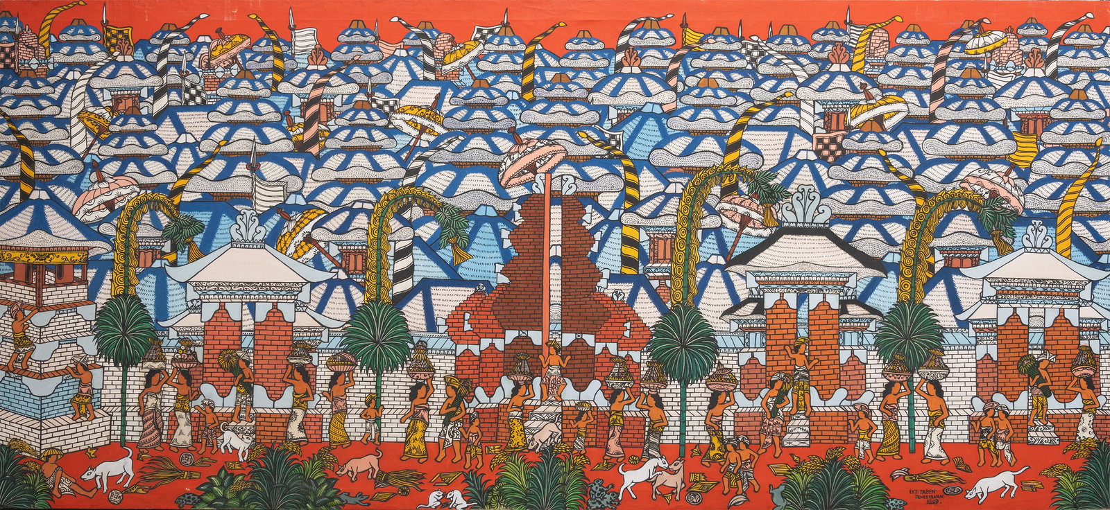 I Ketut Tagen (Balinese, b. 1946) Indonesian Bali Folk Art Acrylic on Canvas: I Ketut Tagen ( Penestanan / Bali, B. 1946 ) Mid-20th Century Indonesian Balinese Folk Art Acrylic on Canvas signed lower right "Ikt: Tagen: Penestanan: Kelod" Expressionist Scene depicts the traditio