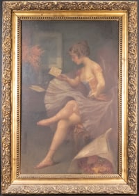 19th C. Art Nouveau Nude Flapper Girl Oil on Board illegibly signed