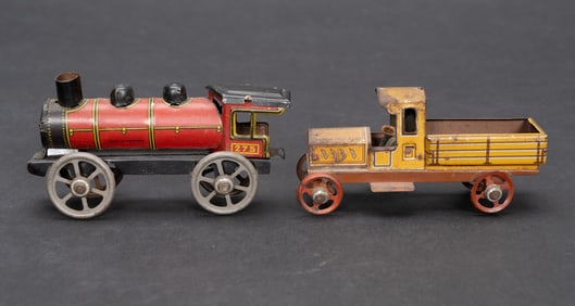 2 German Tin Penny Toys Car & Train Engine
