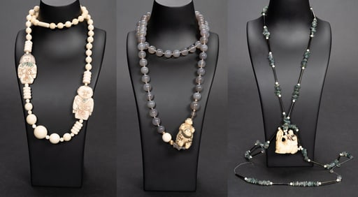 Vintage Asian Carved Signed Netsuke Figurine Necklace Collection