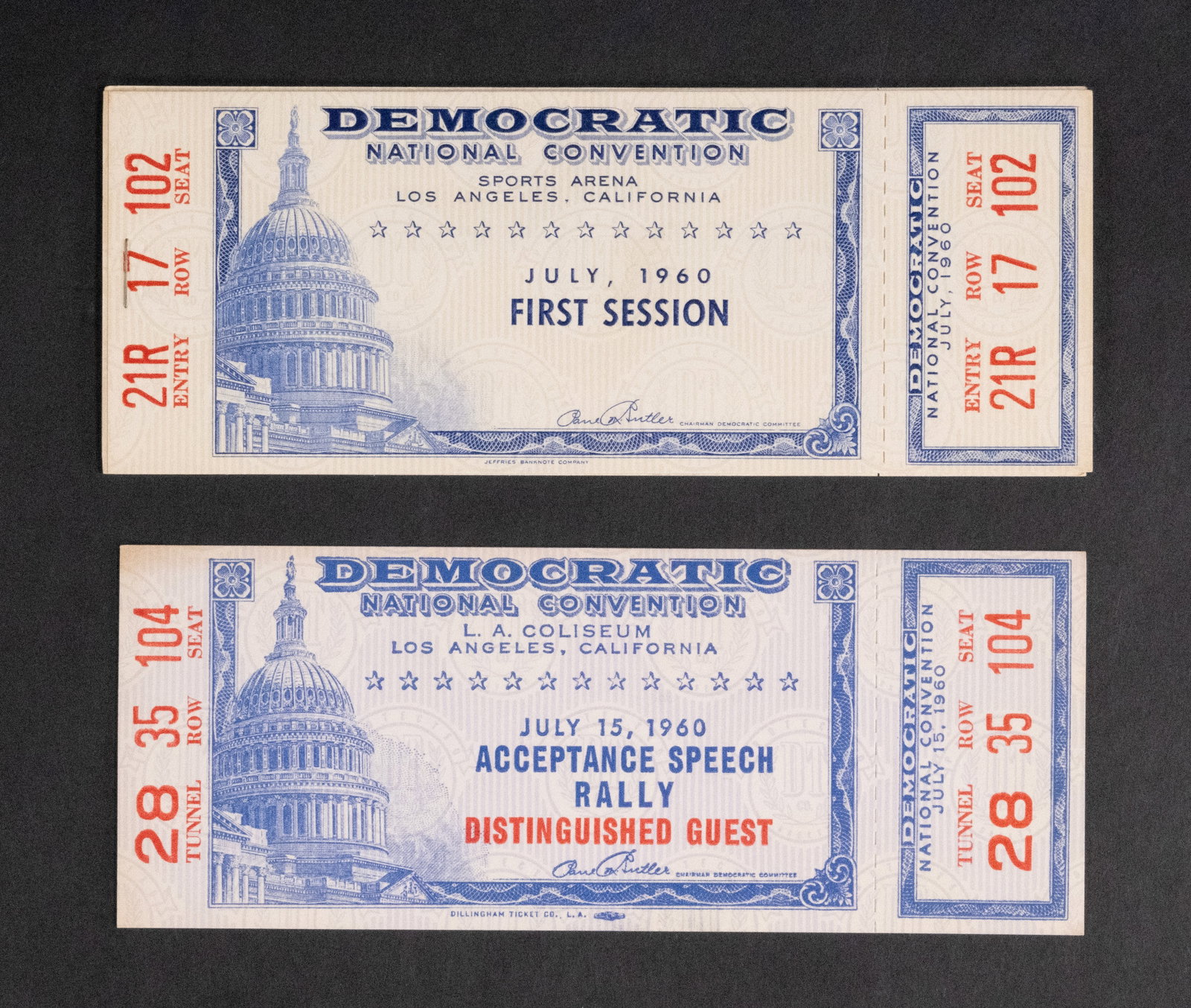 John F Kennedy JFK LBJ Democratic National Convention DNC Tickets All Sessions July 1960 &: John F Kennedy JFK / LBJ Democratic National Convention DNC Tickets July 1960 Sports Arena Los Angeles California all 6 Tickets sessions 1-6 complete with stub in very good condition each ticket is 7"