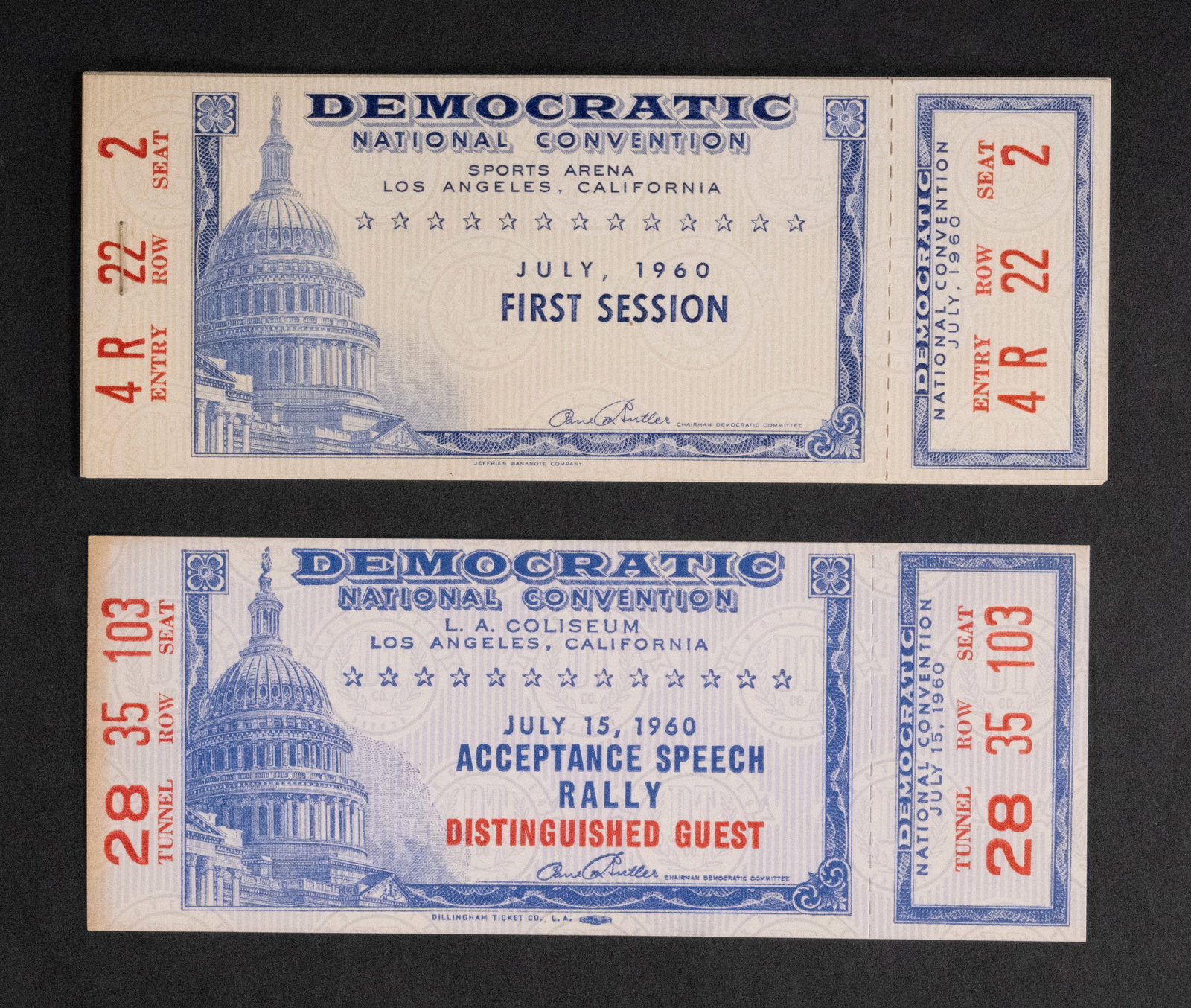 John F Kennedy JFK LBJ Democratic National Convention DNC Tickets July 1960 & Acceptance Rally: John F Kennedy JFK / LBJ Democratic National Convention DNC Tickets July 1960 & Acceptance Rally Ticket Sports Arena Los Angeles California all 6 Tickets sessions 1-6 complete with stub in very good t