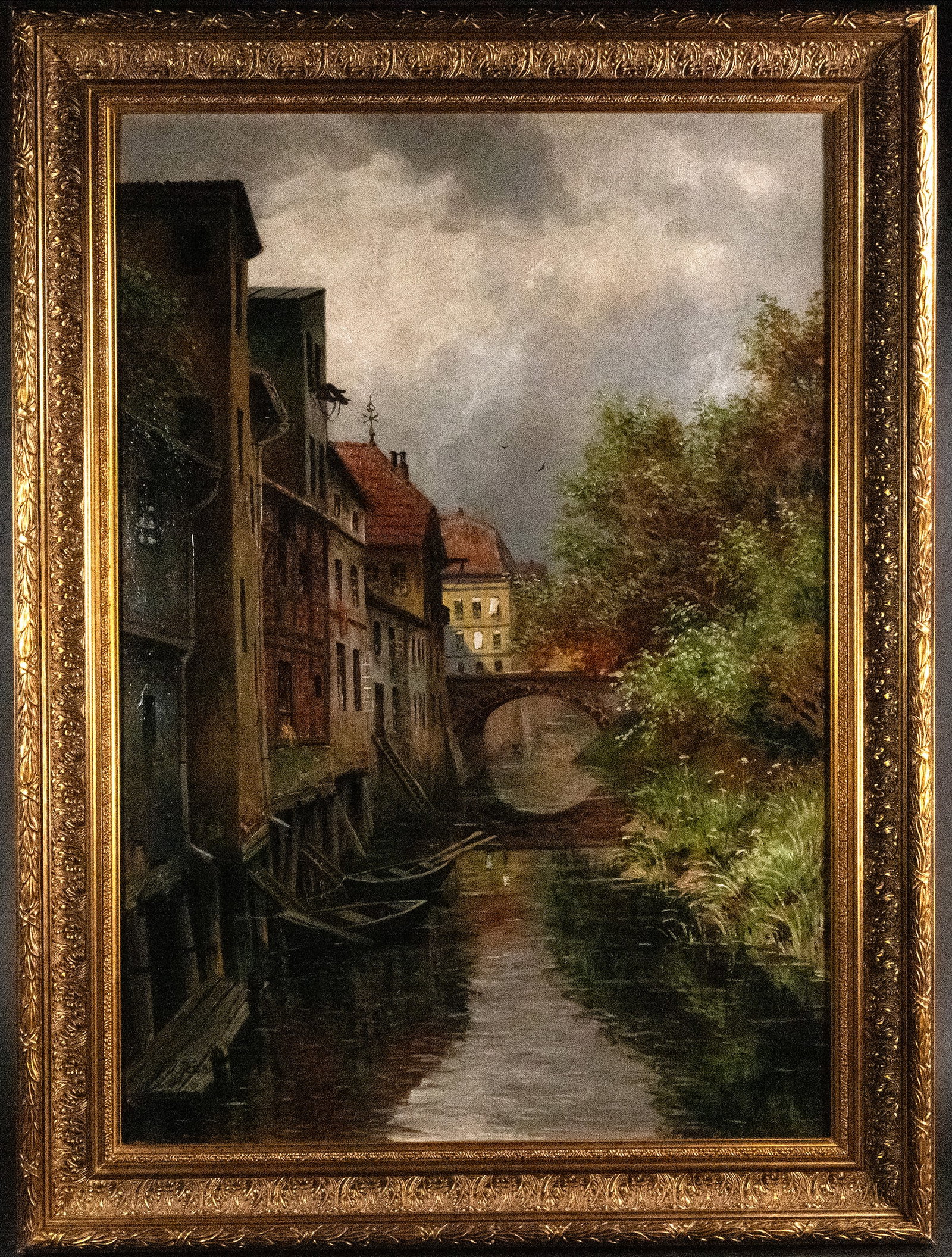 HD Hesse Oil on Masonite Painting Of Venice Canal Early 20th Century: H.D. Hesse Oil On Masonite Early 20th Century Rich Vibrant Colors Depicting View of Venice Canal with City Buidings Gondolas and Trees Signed to Lower Left Framed in Gilt Wood Foliate Motif Wood Frame