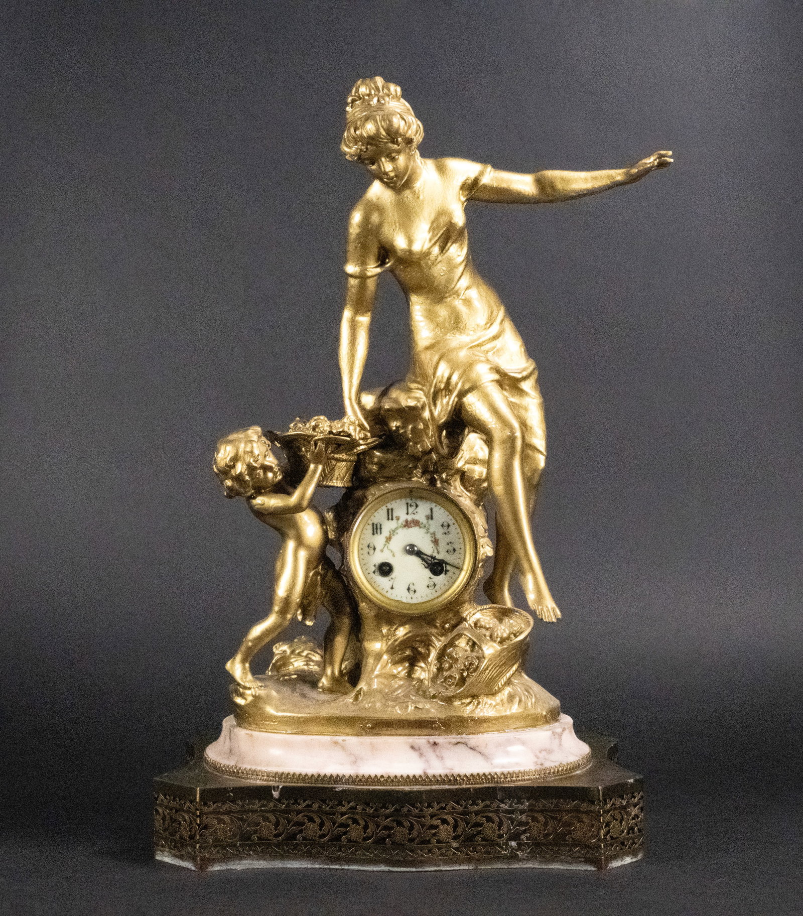 19th C L&F Moreau ( France ) "Premieres Fleurs" Spelter Art Nouveau Figural Mantle Clock (1 of 10)