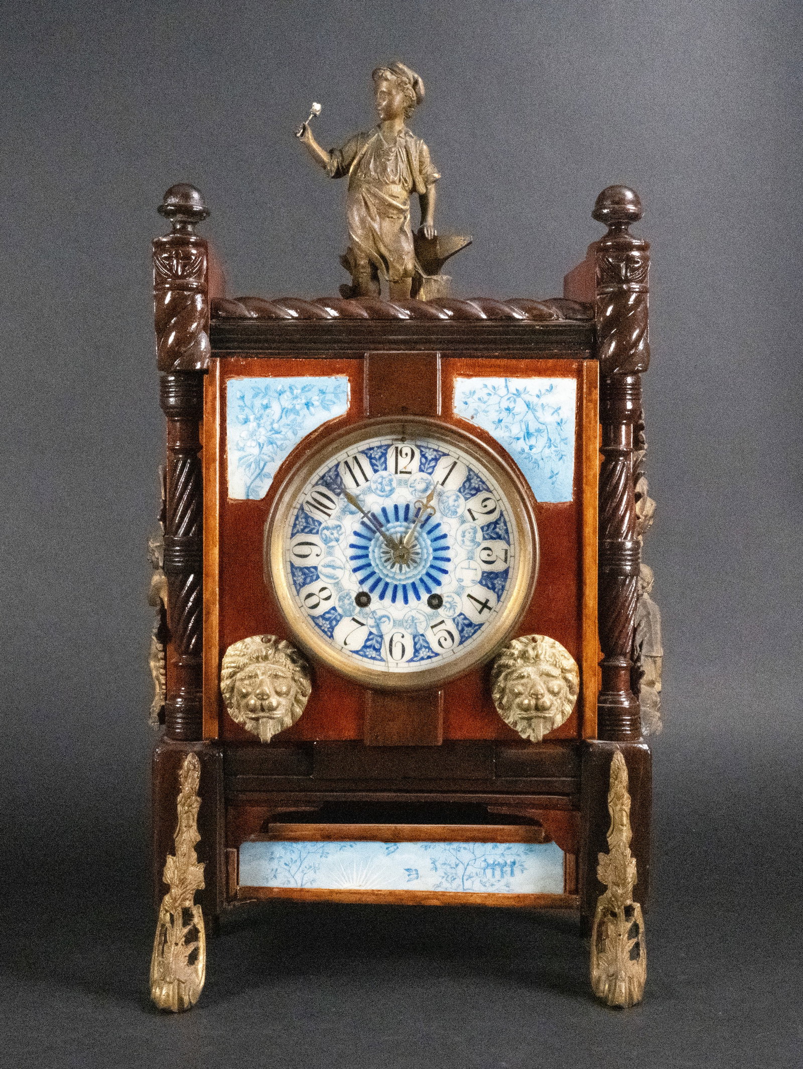19th c. Art & Craft Blue Tile Bronze Wood French Figural Zodiac Clock (1 of 7)