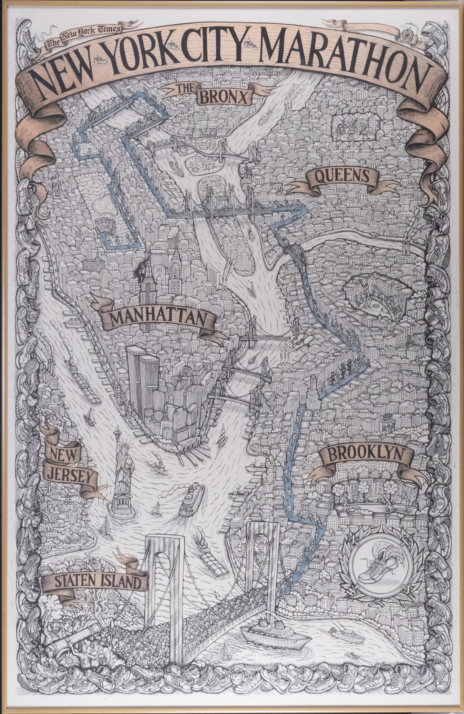 James Grashow ( New York b.1942 ) NYC Marathon: James Grashow ( American NY Born 1942- ) " The New York Times New York City Marathon " 1983 Woodblock created for the New York City Marathon Route complete with runners highlighted in blue buildings a