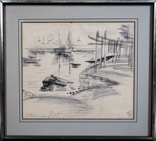 Etienne Ret (French American 1900-1996)  Pencil Drawing Coastal Dock Scene