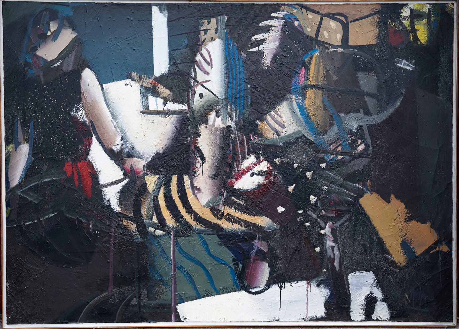 Ivan Kustura (Zagreb Croatia 1951-) "The End of Long Journey" Oil On Canvas 60"H 84"L: Ivan Kustura ( Zagreb Croatia Born 1951- ) "The End of Long Journey" Abstract Oil On Canvas Signed Tilted and Dated to Reverse: "IK 86" Approx: Art: 60"H 84"L Frame: 61 1/4"H 85 5/8"L Minor Chips to P