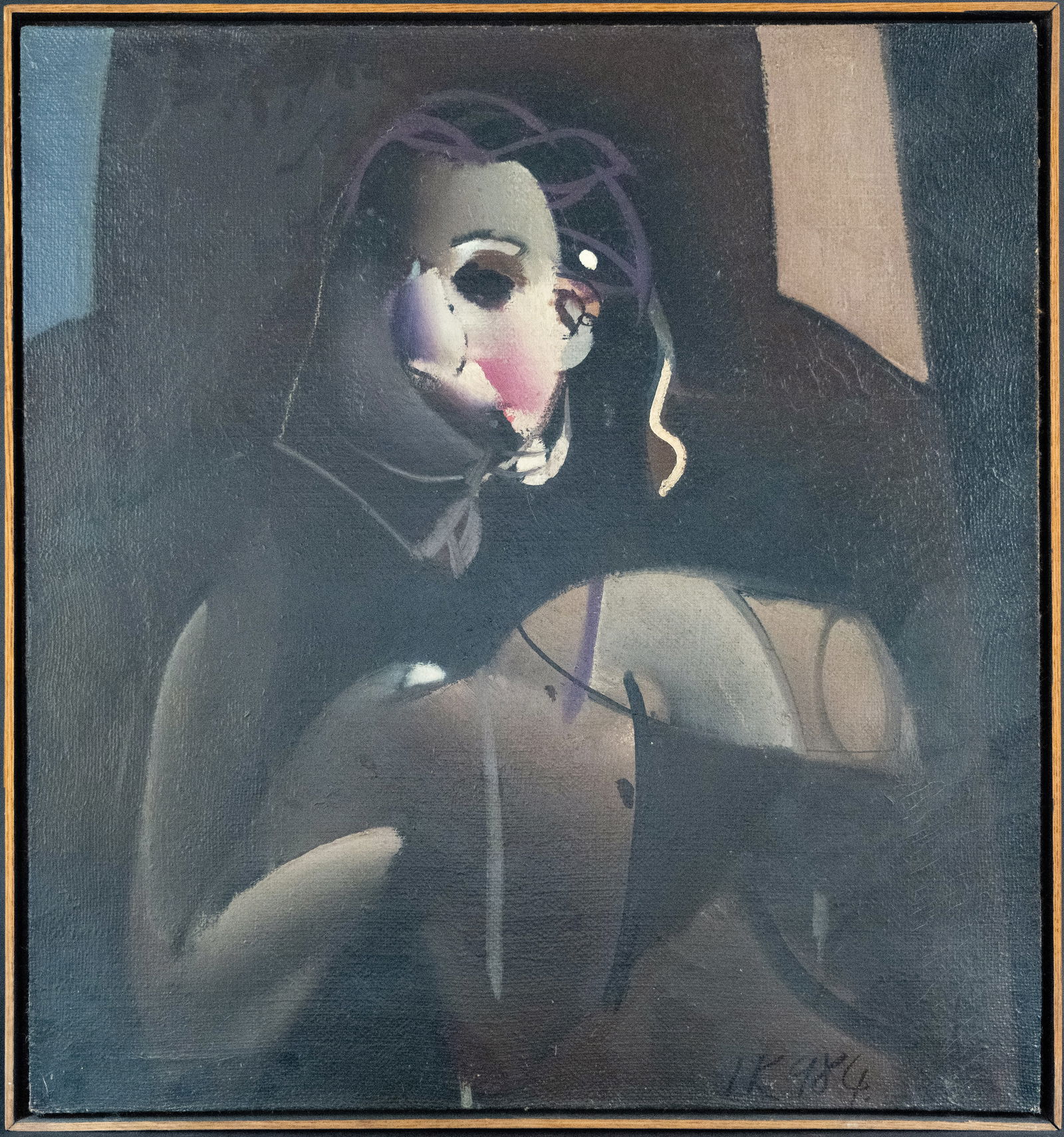 Ivan Kustura (Zagreb Croatia 1951-) "An Actress" Abstract Oil On Burlap: Ivan Kustura (Zagreb Croatia 1951-) "An Actress" Abstract Oil On Burlap Depicting Woman Signed to Lower Right: "IK 984" Shadow Box Wooden Frame Approx: Art: 30 1/8"H 28"W Frame: 31 1/4"H 29 1/8"W In O