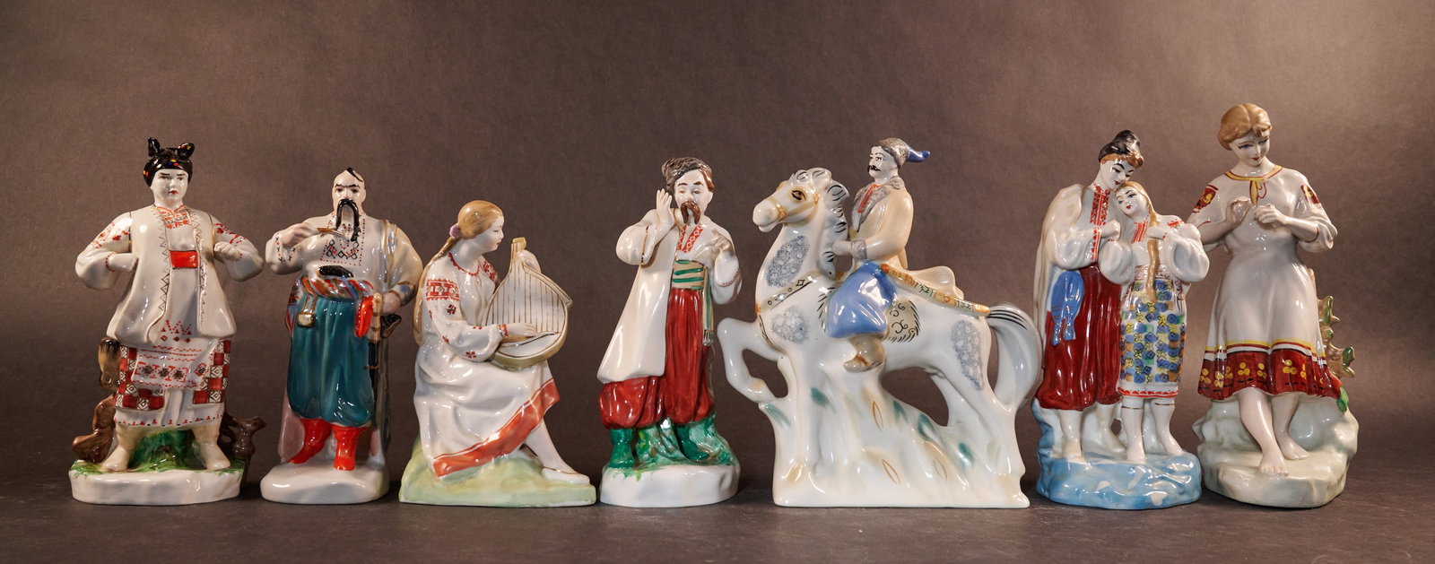 Russian USSR Soviet Ukrainian ZHK Polonne Porcelain Sculpture Collection: Vintage Russian USSR Soviet Ukrainian ZHK Polonnoe Polonsky Porcelain Figurine Collection of 7 Figurines Hand Painted Circa 1950-1970 The Figurines were Made Back in Time when Ukraine was a Part of th