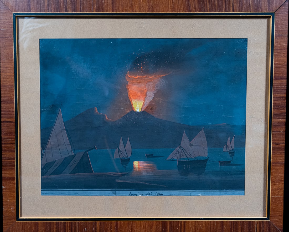 19th c. Italian Grand Tour Gouache "Vesuvius Erupting" Painting (1 of 3)