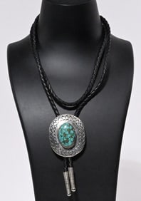 Navajo Native American Large Kingman Turquoise  Sterling Silver Bolo Tie