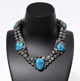 Navajo Native American Sterling Silver Kingman Turquoise Squash Blossom Choker Necklace