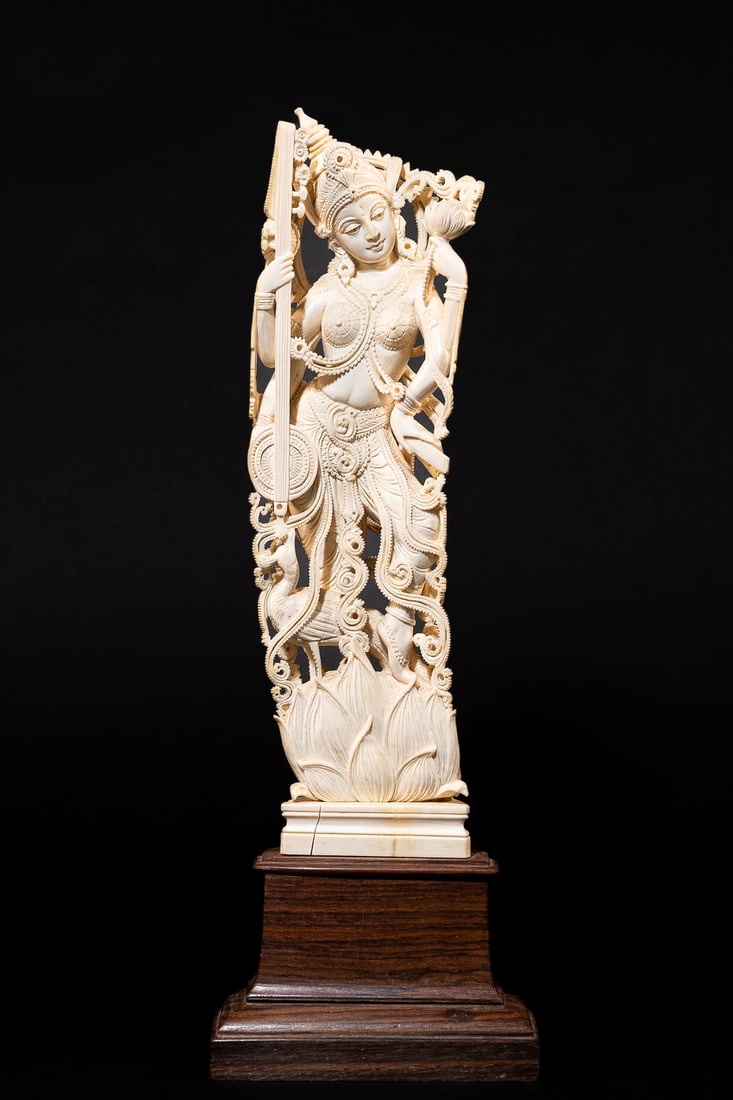 Chinese Goddes Lakshmi Carved Sculpture: Chinese or Hindu God Goddess Lakshmi Intricately Hand Carved Bone or White Coral Statue Depicti Four Armed Semi Nude Female Figure Goddes Lakshmi Goddes of Multiplicity Wealth Fortune Power and Beauty