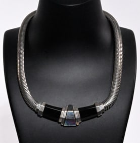 Cartier 1930 Art Deco 18K Gold & Sterling Silver Black Onyx Tubogas Necklace