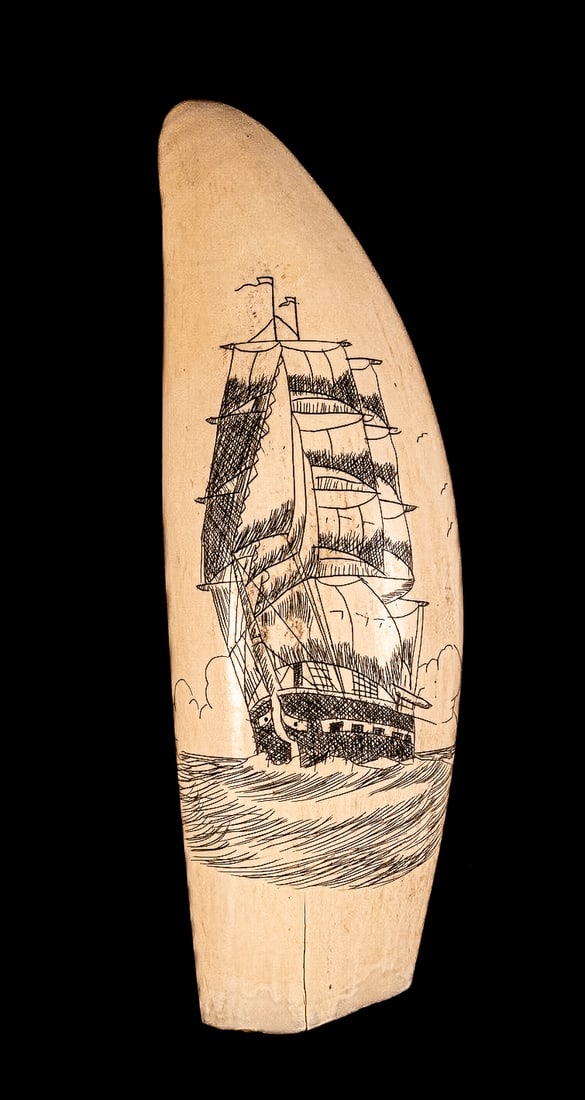 Scrimshaw Whale Tooth Carved Ship At Sea: Scrimshaw Whale's Tooth Circa 18th / 19th Century Hand Carved Sailing Ship at Sea or Ocean with Seagulls and Clouds in Background Approx: 6 1/2"L 2"W 1 1/2"T (Thick) Minor Crack to Lower Front In Over