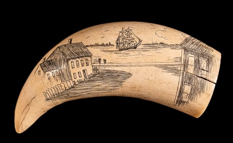 Scrimshaw Whales Tooth Carved Scene "Leaving Home"