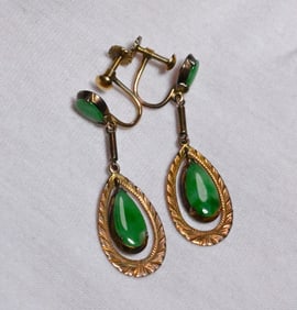 Gold and Chinese Green Jade Tear Drop Non-Pierce Earrings