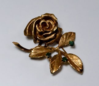 14K Gold & Emerald Rose Brooch