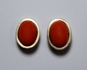 14K Gold & Red Coral Clip On Earrings Pair