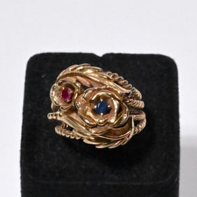 14K Gold Sapphire & Ruby Double Rose Ring