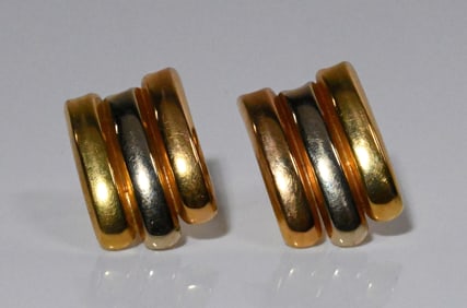 18K Gold Tricolor Ribbed Clips Stud Earrings