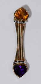 14K Gold Amethyst & Citrine Double Heart Ribbed Brooch