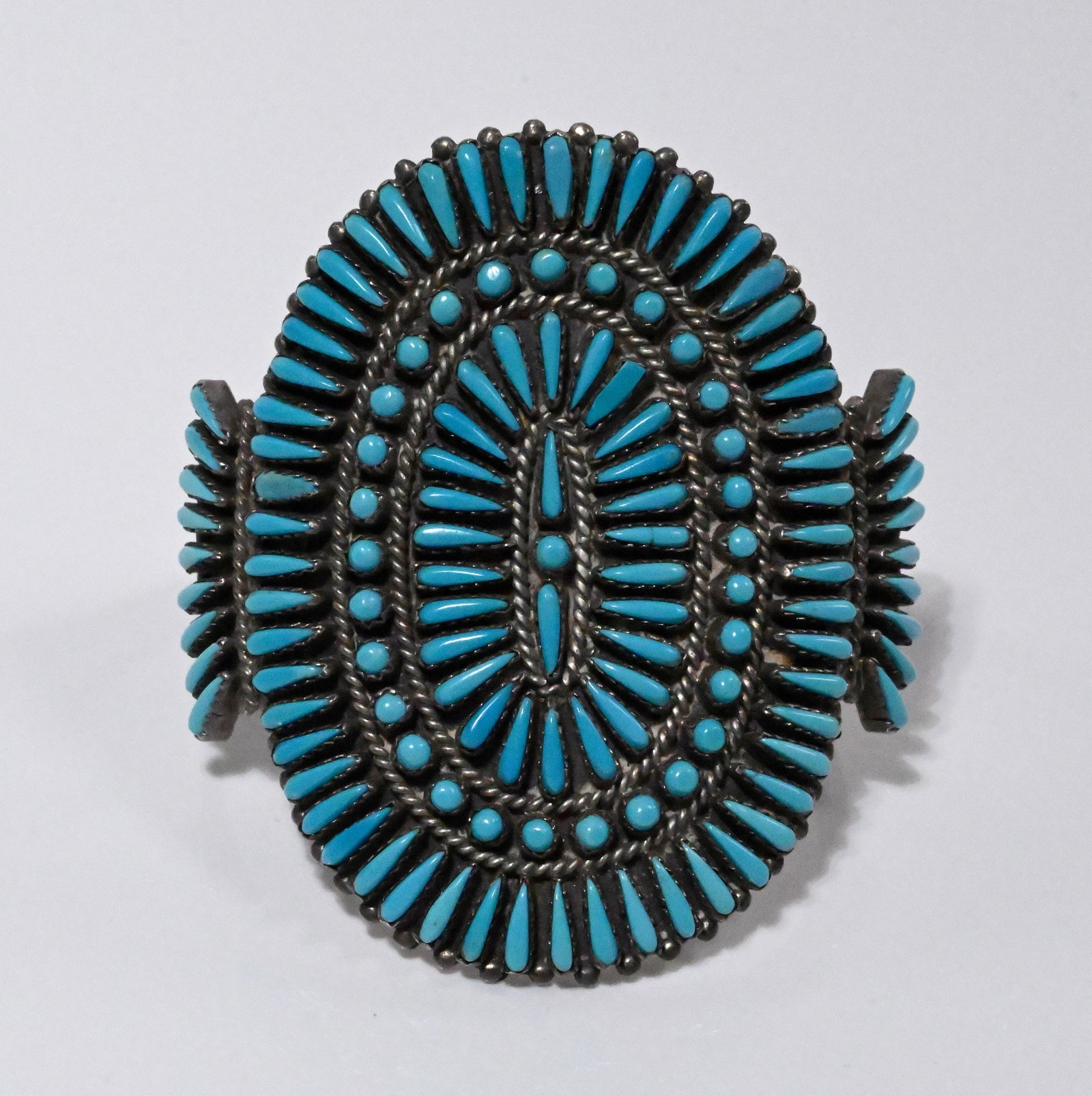 Nathaniel & Rosemary Naz Navajo Native American Sterling Turquoise Needlepoint Cuff Bracelet Signed: Nathaniel and Rosemary Naz Navajo Tribe Native American Indian Sterling Silver Turquoise Needlepoint Cuff Bracelet Signed to Interior: "Ner Nez" Hand Made Tested and it is Sterling Silver Approx: Face