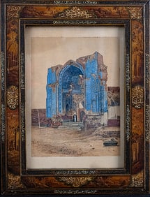 Persian Mosque Painting On Paper In Handpainted Cityscape Motif Wooden Frame