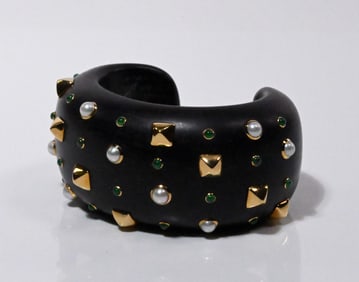 18K Gold Emerald & Pearl Wood Cuff Bracelet