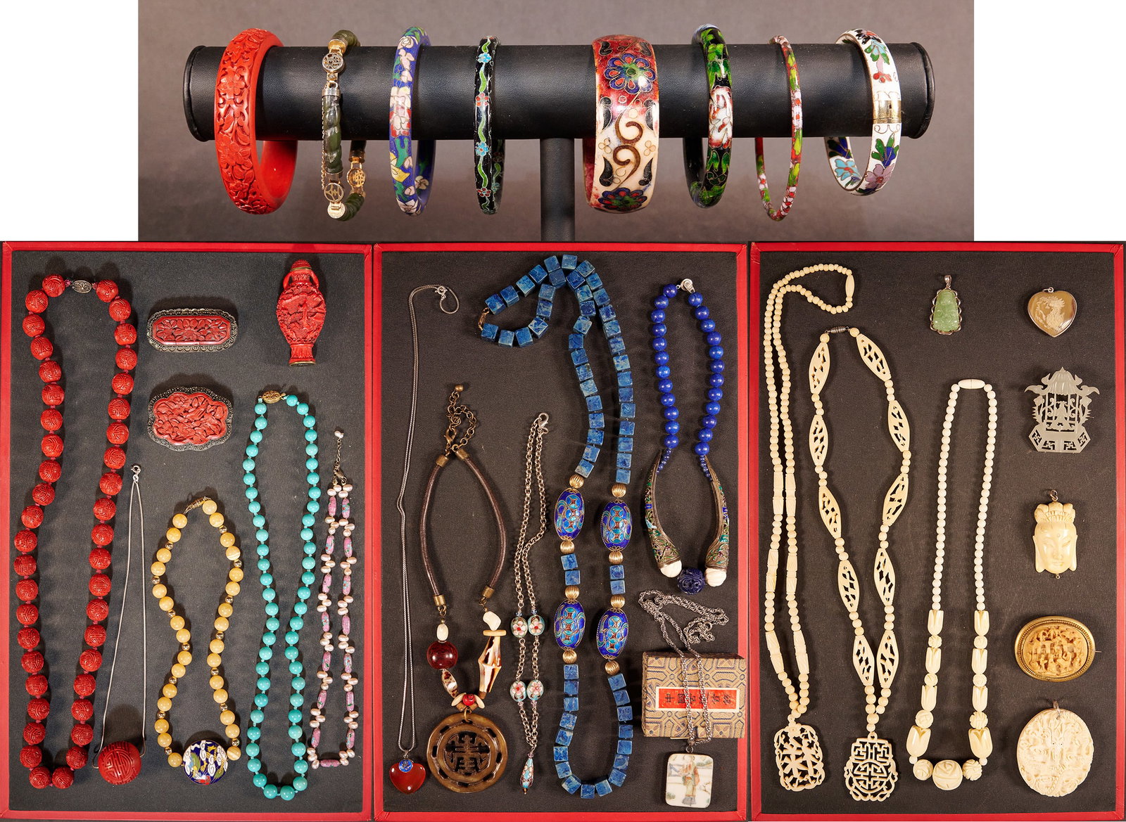 Chinese Jewelry Collection Sterling Silver Jade Cinnabar Etc: Chinese Sterling Silver Jewelry Collection 31 Pieces Jade Cinnabar Bone Lapis lazuli Etc in Lacquered Wood Jewelry Box Lot Including: 14x Necklaces 5x Pendants 3x Brooches 1x Snuff Bottle 7x Bangles 1
