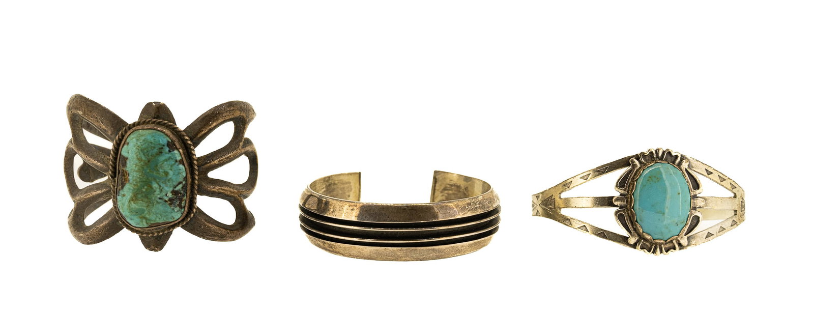 Native American Navajo Old Pawn Sterling Silver Turquoise Cuff Bracelet Collection: Native American Navajo Indian Old Pawn Sterling Silver Turquoise Cuff Bracelet Collection Lot Comprising: 1x Tom Hawk Navajo Sterling Silver Row Cuff Bracele Hallmark to Interior: "Tom Hawk Sterling" 