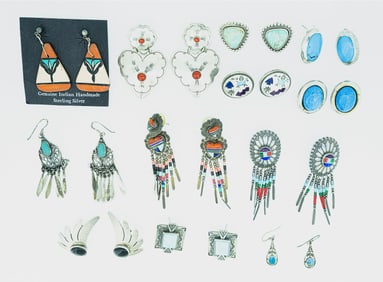 Native American Navajo Sterling Silver Earrings Collection Signed 12Pcs