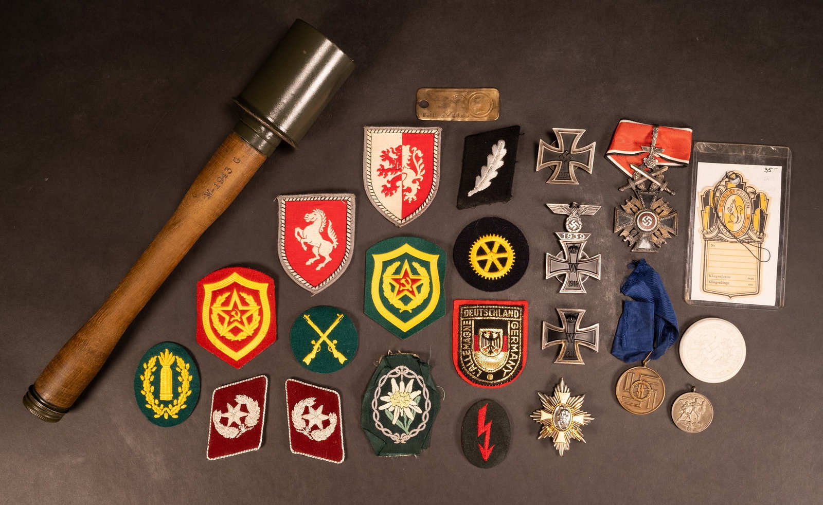 WWII German Group Lot Medal Order Badge Patch Grenade etc: World War One and Two I / II Germany Nazi Medals Orders Badges Pathces Insignia Decoration Hand Grenade etc Iron Cross First Class iron Core Magnetic Screwback The German Order - Golden Cross with Lau