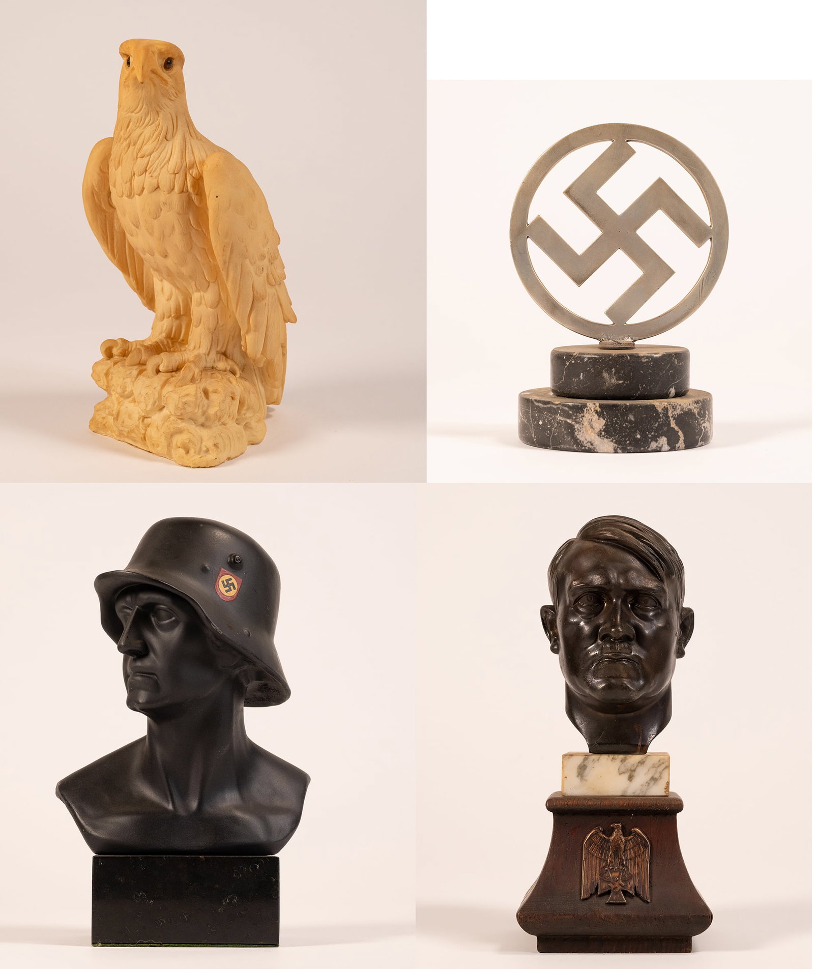 WWII German SS Desk Ornament Group Lot: WW2 Germany Desk Ornaments Grouping Lot Italian E&R Golden Crown Carved Marble or Alabaster Eagle by A Giannelli 9" Metal Swastika on 2 Step Circular Marble Base Bronze Hitler Bust Sitting on Marble S
