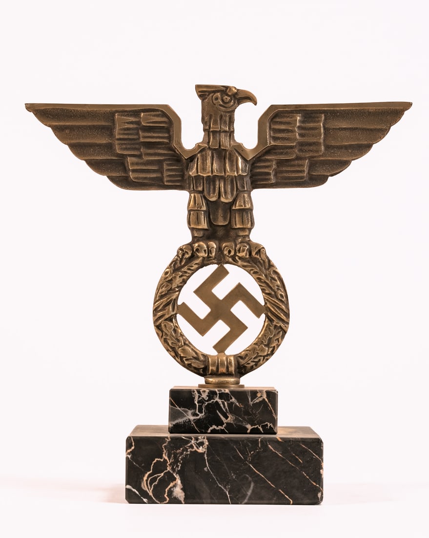 WWII Third Reich Parteiadler Desk Ornament: WWII Third Reich Parteiadler Desk Ornament German Eagle Perched Wings Spread on a Wreath of Laurel Which Surrounds a Nazi Swastika Sits Upon a 2 Step Black Marble Base 8" Tall on Square Marble Base In