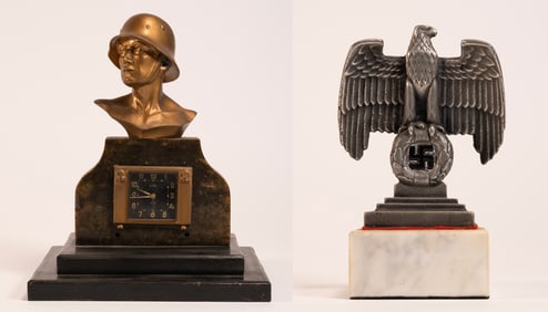 WWII German 1935 Munchen / Munich Bust Mantle Clock & Nuremberg Officer Desk Eagle